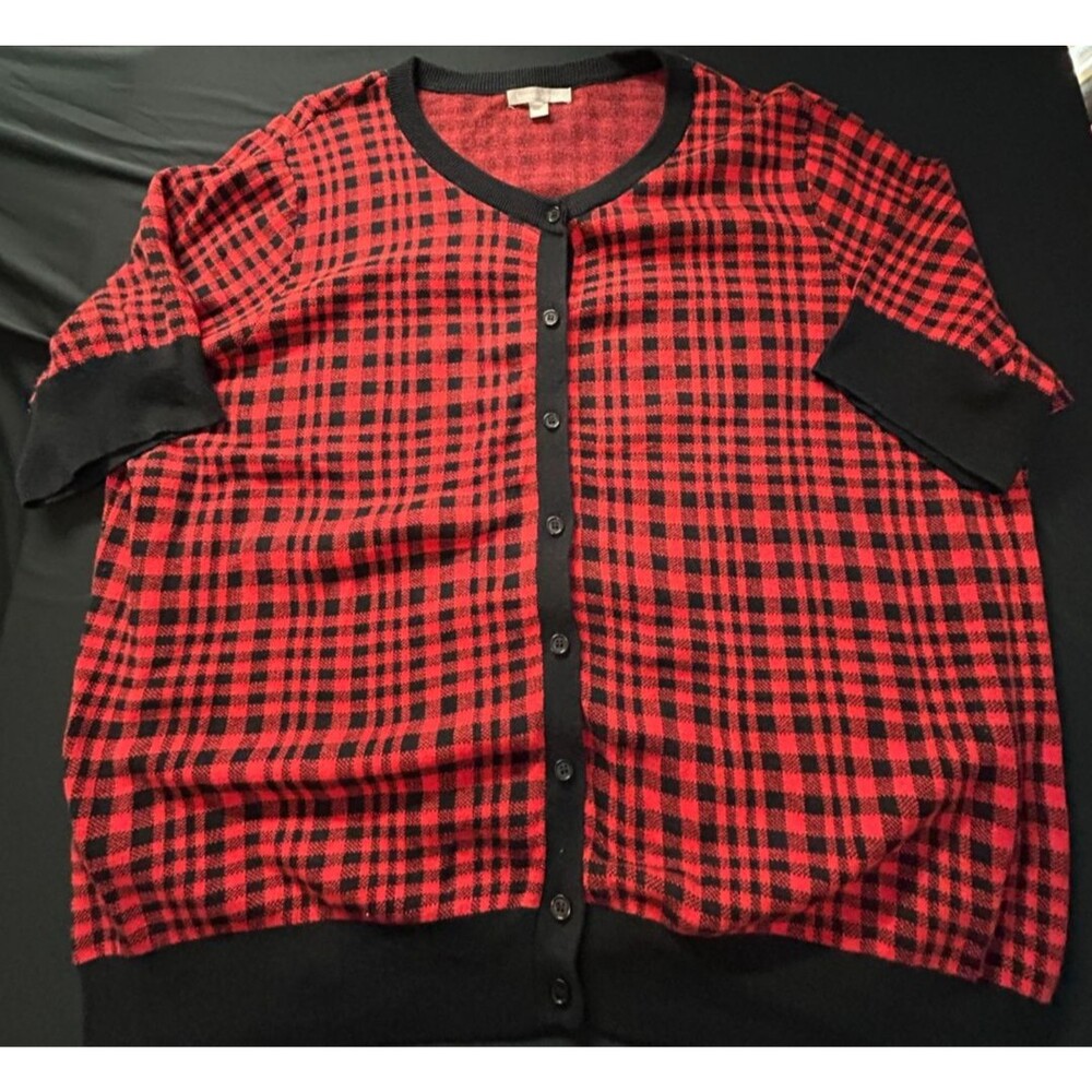 Woman Within Buffalo Plaid Cardigan 2X 26/28 Red Black Short Sleeve Button Top